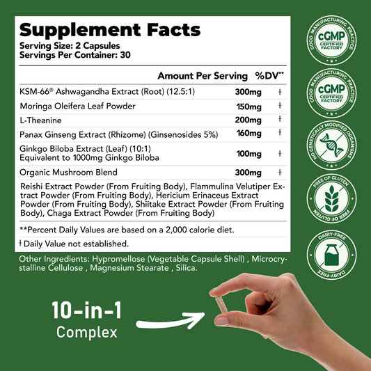 KSM-66 Ashwagandha with L-Theanine, Moringa, Organic Mushrooms & Ginseng