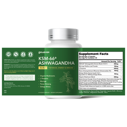 KSM-66 Ashwagandha with L-Theanine, Moringa, Organic Mushrooms & Ginseng